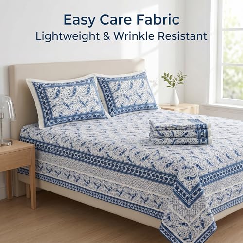 Image of Mafatlal 144 TC Heritage 100% Cotton Queen Size Bedsheet (90x108 inches) with Matching Pillow Covers | Soft & Comfortable | Elegant Printed Heritage Design | Cobalt Blue