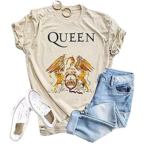 Womens Vintage Queen Shirt Music Concert Tees Summer Short Sleeve Casual Graphic Tees - Beige - Large Cover