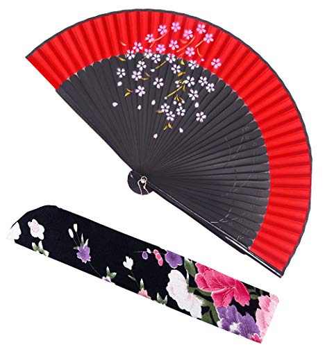 meifan Chinese/Japanese Long Bamboo Leg Silk Folding Fans FMM (Red)