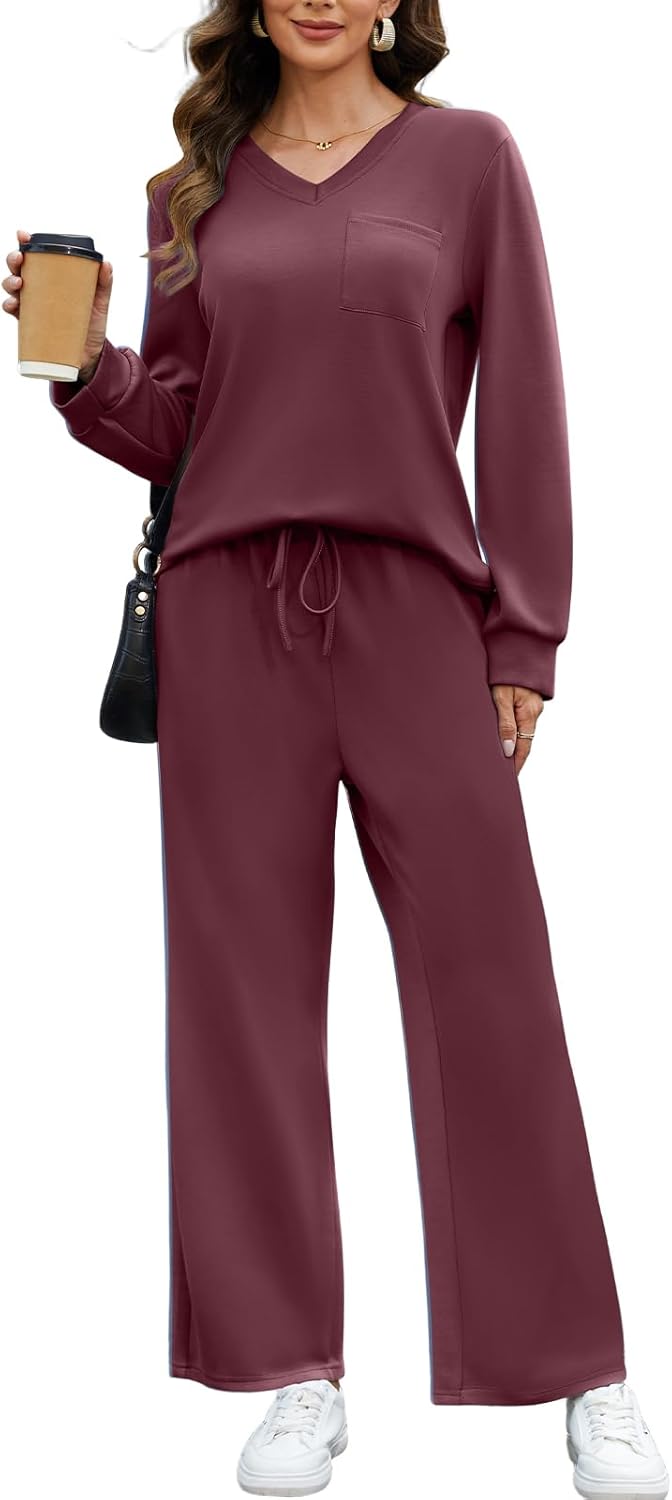 Simlakey Women's 2 Piece Casual Lounge Sets Fall Travel Outfits V Neck Side Slit Tracksuit Wide Leg Loungewear Sweatsuit