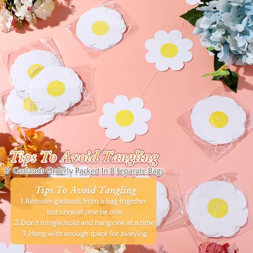 Image of Pasimy 8 Pcs Daisy Boho Party Decorations Groovy Daisy Paper Garlands White Flower Hanging Garland Banner Hippie Flower Cutouts for Birthday Shower Wedding Party Favor Supplies(Fresh,White)