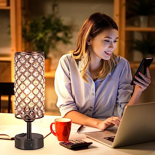 Image of Hong-in Crystal Table Lamp Touch Control Set of 2, 3-Way Black Crystal Lamps with USB C+A Ports & AC Outlet, Dimmable Nightstand Desk Lamps,Modern Bedside Table Lamp for Bedroom(Bulbs Included)