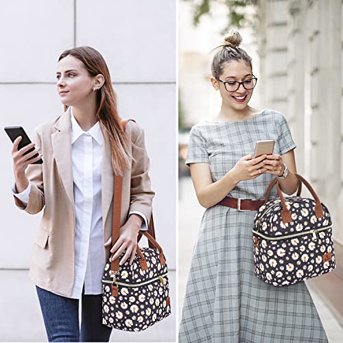 Hafmall Insulated Lunch Bag For Women, Dual Deck Adult Lunch Box For Work, Reusable Lunch Tote Bag With Shoulder Strap, Daisy #TOP5