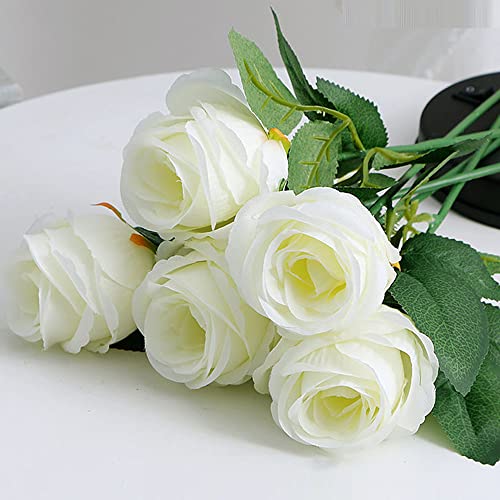 Künstliche Blumen, 10 Stück, einzelner langer Stiel, künstliche Rosen, Brautstrauß, realistischer Blumenstrauß für Hochzeit, Party, Büro, Heimdekoration (weiße Rose) Cover