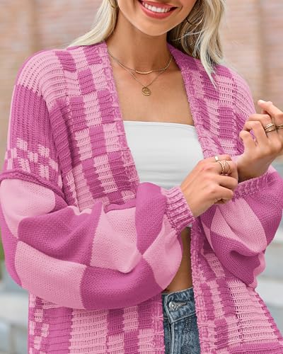 Image of BTFBM Casual Cardigan Sweater for Women Fall 2026 Long Sleeve Open Front Chunky Knit Sweaters Checkered Outwear Coat