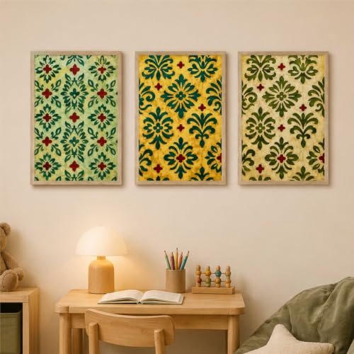 Image of Livin'luxe Set of 3 Green Floral Pattern Wall Paintings for Living Room Bedroom Hallway Home Decor with Premium Wooden Color Synthetic Frame (13.5 x 19.5 Inch) NM03-77