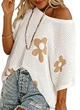 Dokotoo Womens 2026 Floral Summer Crochet Hollow Out Cute Tops Sweaters Tops Spring Off Shoulder Pullover Shirt Lightweight Knit Sweater Blouse Bathing for Women,White Large