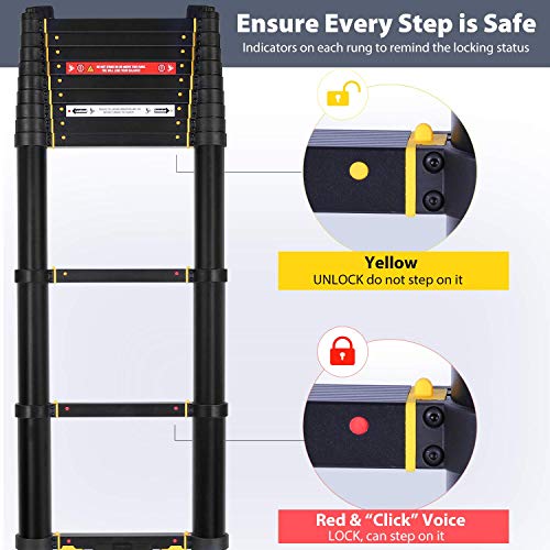 Ohuhu 12.5 FT Premium Aluminum Telescoping Ladder, ONE-Button RETRACTION ANSI Certified Patented Design Extension Ladder, 2020 All New Heavy Duty Extendable Telescopic Ladder with 330 Pound Capacity