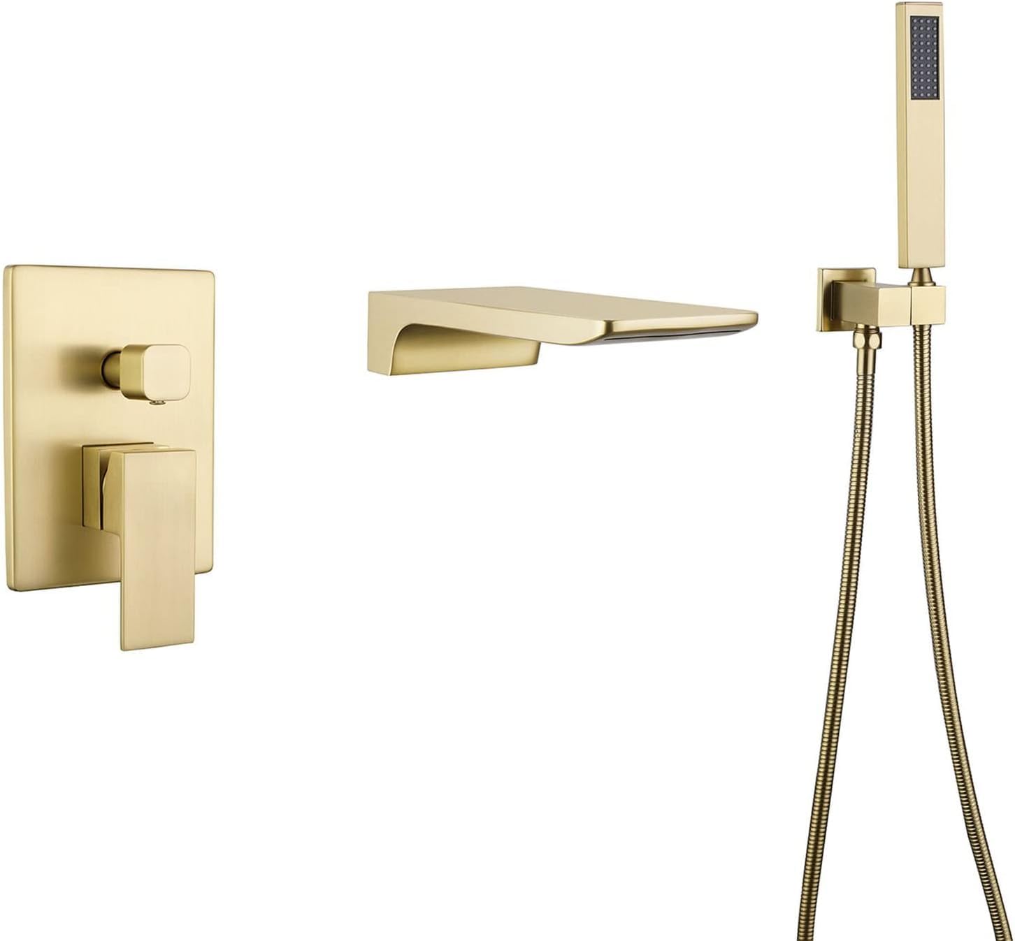 Sxithgkdw Gold Wall Mount Bath Tap, Bath Mixer Shower Tap, Waterfall Bathtub Tap With Handheld Shower, Brass Tub Filler, Single Handle Bathtub Faucet, Tub Tap Set,Brushed ,Brushed