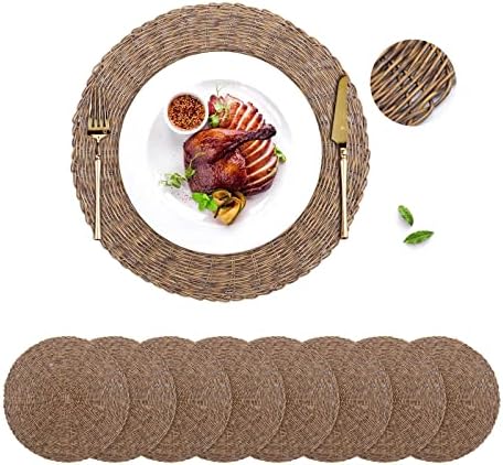 GFWARE Woven Placemat Round Set of 8 15in, Natural Wicker Charger Table Mats Heat Resistant Rattan Thick Rustic Hand-Braided for Kitchen Dining Wedding Restaurant Farmhouse Decoration Brown