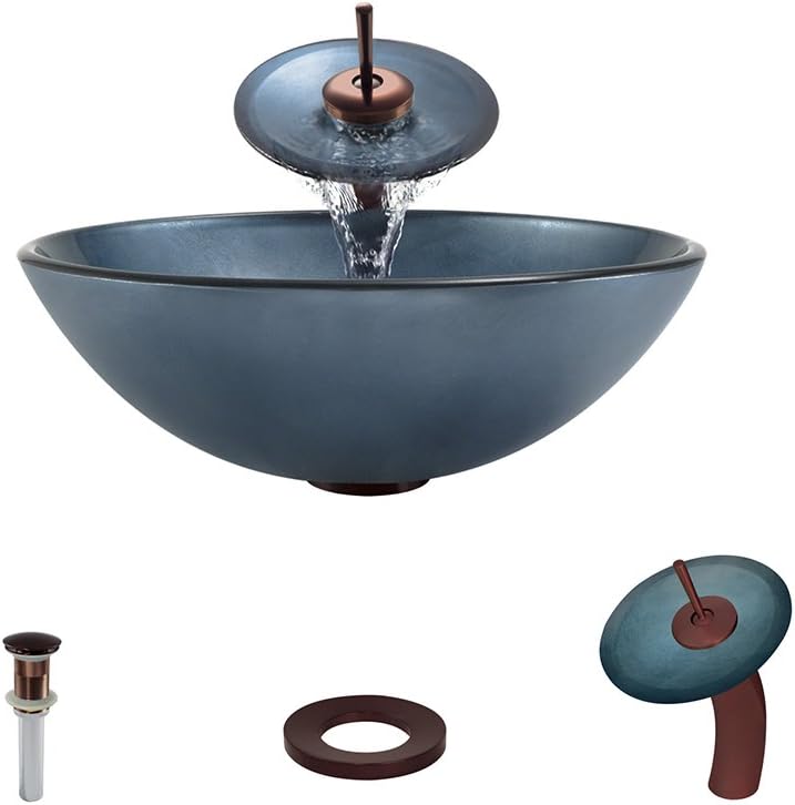 Glass Vessel Sink in Blue with Waterfall Faucet and Pop-Up Drain in Oil Rubbed Bronze