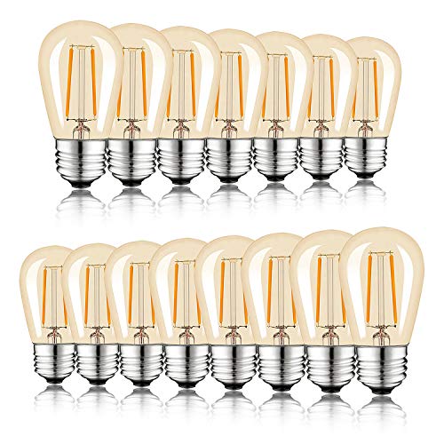 Keymit S14 LED Replacement Bulb, Dimmable 2W 2200K Light Gold Vintage LED Filament Bulb for Outdoor String Lights,Truly Warm Glow E26 Medium Base, Edison Vintage Ambience 15Pack