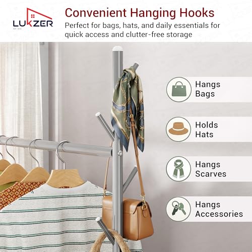Image of Lukzer | MGR-002 | Grey | Metal Cloth Stand & Garment Rack with Wheels, 2 Bottom Shelves & Single Rod - Space-Saving Clothes Organizer for Bedroom, Bathroom, Office & More | 173 x 90 x 34 cm