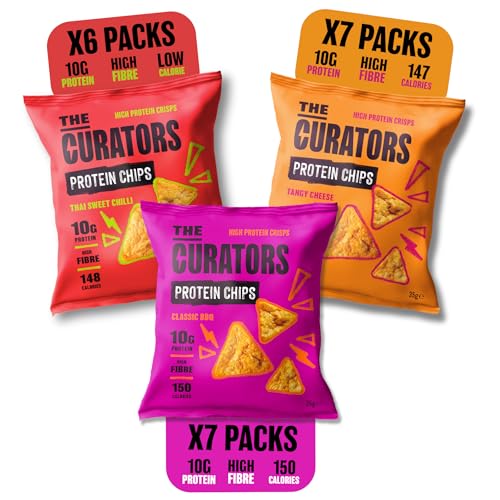 THE CURATORS Protein Chips Mixed Pack Lentil Crisps 7x Tangy Cheese 7x Classic BBQ & 6x Thai Sweet Chilli 35g (20 Packs) 10g Protein High Fibre 147 Calories Gluten Free Veggie.