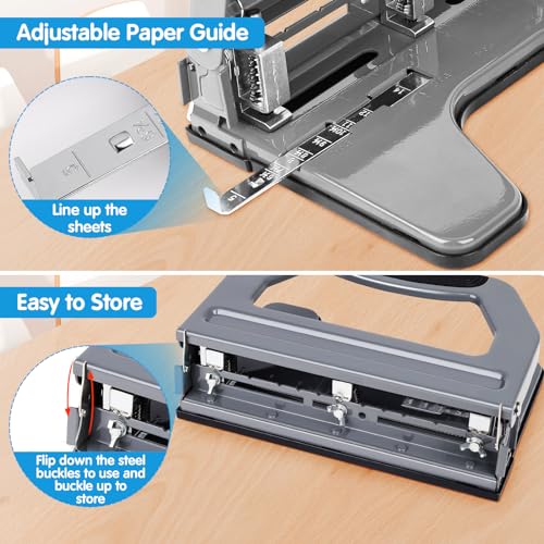 Image of AFMAT 3 Hole Punch Heavy Duty, 9 /32 inch Holes, 50-Sheet Hole Puncher 3 Ring, 50% Reduced Effort, Adjustable Two & Three Hole Punch, Metal Paper Puncher w /Large Chip Tray, Metal Paper Guide, Gray, HP18
