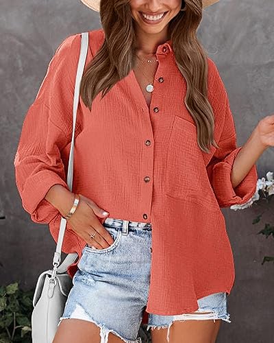 Image of NOLLSOM Casual Shirts for Women Long Sleeve Button Down Blouses Fall 2026 Solid Color Trendy Tops with Pocket