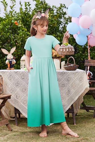 Image of Arshiner Girls Maxi Dress Long /Short Sleeve Casual Holiday Dress with Pockets for 5-13 Years