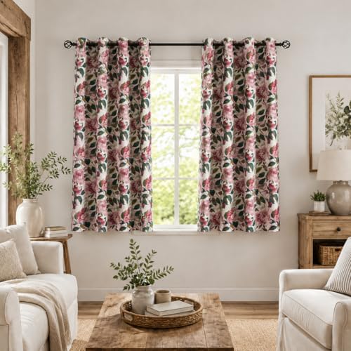 Image of ALIGOGO Pink Floral Curtains, Vintage Print Drapes, 50 inch W x 63 inch L | Vibrant Flower, Girls Room Decor, Bedroom & Living Room, Linen Blend, Light Filtering, Privacy, Elevate Space, Grommet