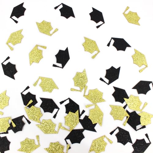 Image of 200PC Black Gold Grad Cap Graduation Confetti for Table Glitter Graduation Hat Table Scatter for Class of 2026 Grad Party Decorations
