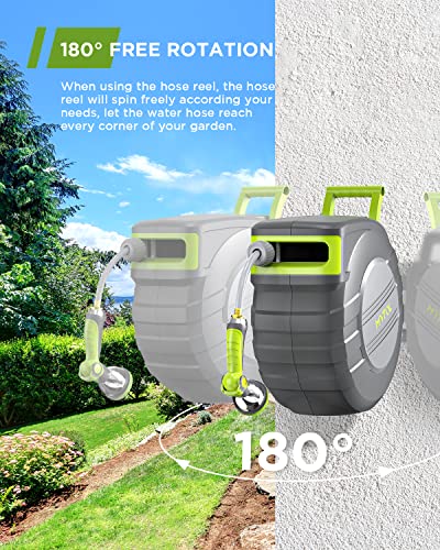 Mytol Garden Hose Reel, 1/2 Inch X 130 Ft + 6 Ft Wall Mount Water Hose Reel Retractable With 10-Pattern Nozzle, Auto Slow Rewind System/Any Length Lock/180° Swivel Bracket, Ideal For Easy Watering #TOP4