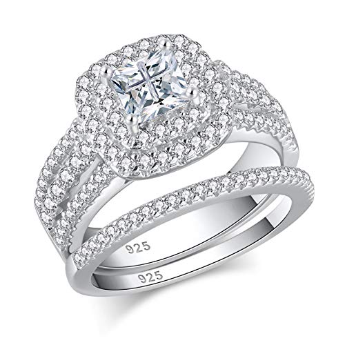 AHLOE JEWELRY 1.7Ct Sterling Silver Wedding Ring Sets for Women Princess Engagement Band 18k White Gold Square Cz Size 7