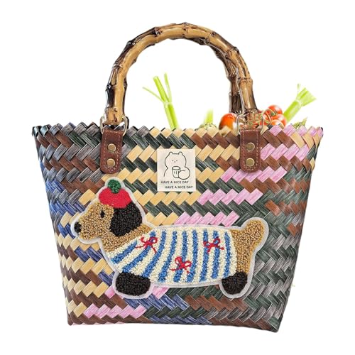 Tktouci Bolso De Playa De Paja - Bolsa de Compras Impermeable con Estampado de Perro,Cesta Tejida Ligera para Picnic, Bodas, Trabajo, Actividades al Aire Libre, Vacaciones, Citas y Uso Diario