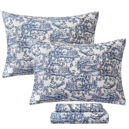 Image of FADFAY Blue Toile Sheets Set Cal King French Country Vintage Farmhouse Bedding Exotic Scenic Floral Bedding 100% Egyptian Cotton Soft Sheet Set with Deep Pocket Fitted Sheet 4Pc, California King Size