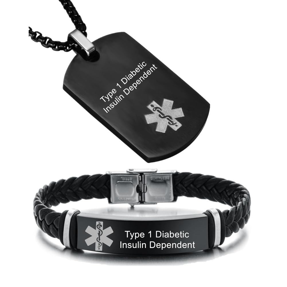 LiFashion Type 1 Diabetic Insulin Dependent Medical Alert ID Necklaces and Bracelets Set for Men Women Medic Identification Pendant Necklace & Leather
