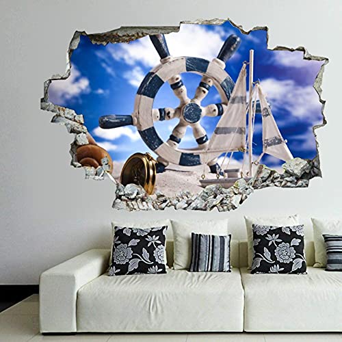 Ocean Beach Anchor Nautical 3D Wall Stickers Mural Smashed Wall Art Removable Poster Vinyl Decals For Bedroom Living Room Playroom Nursery Office Shop,32 Inch #TOP26