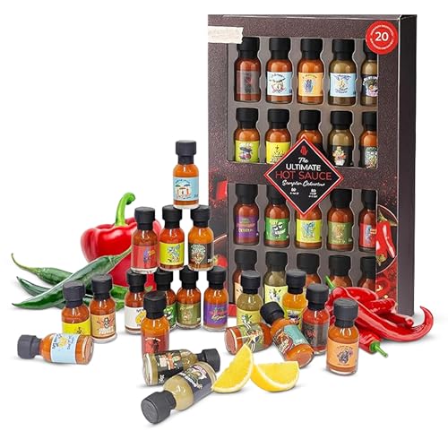 Ultimate Hot Sauce Gift Set - Chilli Sauce Sampler Collection of 20 Hot Sauces Set. Spicy Food Lover Gift for Stocking Fillers Gifts for Women also Birthday Gifts for Men