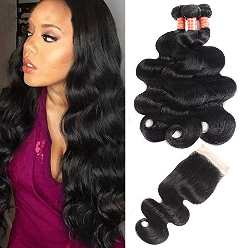 Simei 8A Brazilian Body Wave 3 Bundles with Closure 100% Unprocessed Human Virgin Hair Weave With Free Part Lace Closure Brazilian Virgin Hair Body Wave Hair Extensions(14 16 18+12" Free Part Closure)