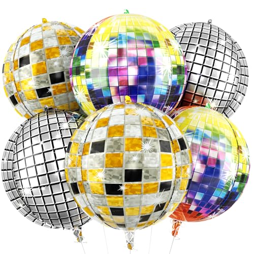 Image of 6pcs 22 Inch Colorful Disco Ball Balloons, Silver Big Disco Balloons, Pink Multicolor 4d Large Foil Balloon For Birthday Baby Shower 70s 80s 90s Theme Party Wedding Engagement New Year Decorations