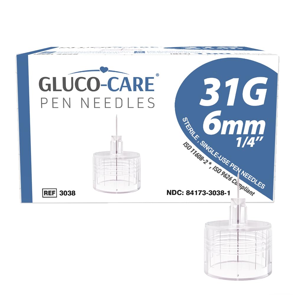 Puntas de pluma GLUCO-CARE 31 G x 6 mm, ajuste universal, 100/caja, estériles, cómodas