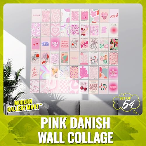 Image of MODERN GALLERY MART Pack of 54 Danish Pink Wall Collage Kit Posters - 4 x 6 Inches Posters for Wall Decoration - Wall Art For Bedroom, Office, Living room, Dorm room - Glue Dots Include
