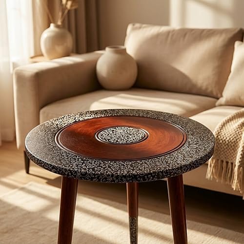 Image of Arvix Store Wooden Coffee Table with Engineered Wood Top- Solid Mango Wood Legs & Antique Aluminium Design- Perfect for Living Room & Home and Office Decor (Round)