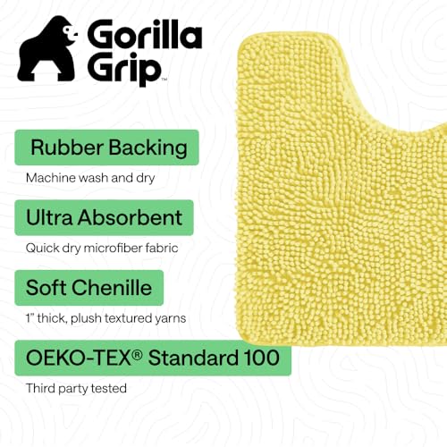 Image of GORILLA GRIP Plush Absorbent Shaggy Chenille Bath Rug Mat for Oval Toilet Base with Rubber Backing, Machine Washable Rugs, Soft Microfiber Contour Mats for Toilets, Bathroom Decor, Yellow