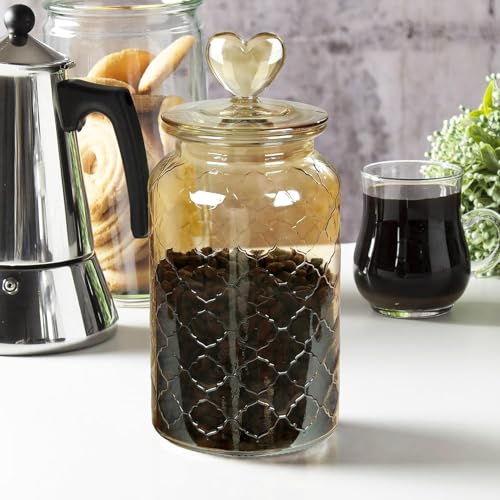 Image of MARTVIA Brown Glass Food Storage Jars with Glass Lids 1000ml Set of 6, Love Heart Handle Lid Jar for Home Kitchen,Flour, Sugar, Coffee, Pasta, Oats, Cookies, Snacks (Heart 1000 ML Jar, SET OF 6)