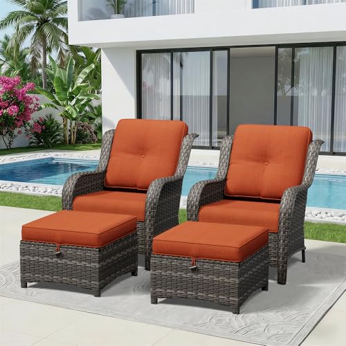 Image of 4 Piece Outdoor Wicker Patio Furniture Set, Patio Chairs Set with Thickened Olefin Cushions, High Back and Deep Seating, Hand-Woven PE Rattan, Ottoman for Porch, Deck, Orange