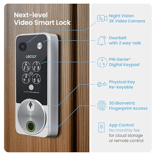 Image of Lockly Vision Zeno Smart Lock with Video Doorbell Camera, Fingerprint Keyless Entry with Apple Home Key, Wi-Fi Deadbolt for Front Door, PIN Genie Keypad, App Remote Control, 2 Rechargeable Batteries