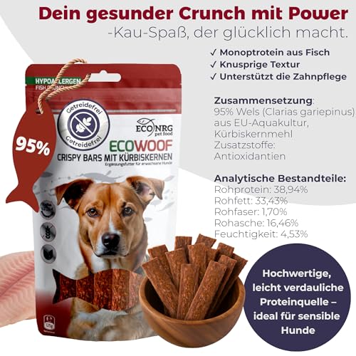 ECO WOOF Fisch Hundesnack Mix - Kaustreifen vom Wels Probierpaket - 375 g - 3 Sorten - Wels Pur | Kürbiskern | Bierhefe - Getreidefreie Fisch-Hundeleckerli - Unterstützt Zahnpflege & Verdauung