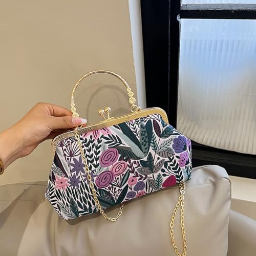Image of Women Vintage Flower Embroidery Handbag Evening Purse Crossbody Shoulder Bag with Chain Strap