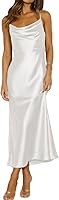Mogidol Women's Satin Spaghetti Strap Cowl Neck Backless Midi Dress - Elegant Ruched Tie-Back Cocktail Party Gown