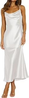 Mogidol Women's Satin Spaghetti Strap Cowl Neck Backless Midi Dress - Elegant Ruched Tie-Back Cocktail Party Gown