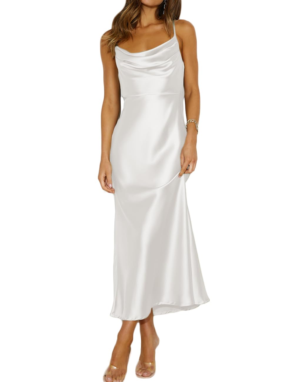 Photo 1 of Mogidol Summer Satin Spaghetti Strap Cowl Neck Backless Midi Dresses for Women Elegant Tie Low Back Ruched Cocktail Dress White
