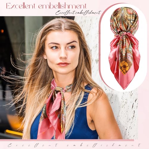 SATINIOR 35 Inch Silky Head Scarf 2 Pcs Large Square Neck Scarf Sleeping Hair Wrapping Satin Bandana for Women(Pink, Green,Retro Style)4