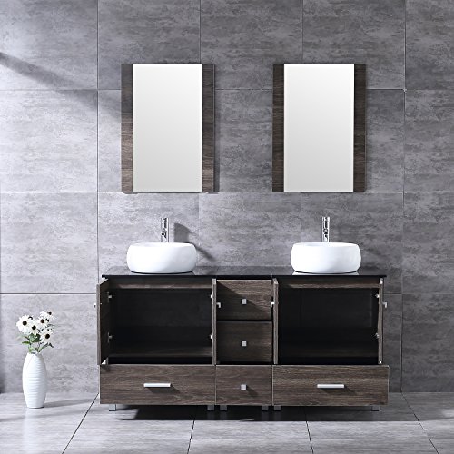 Bathjoy 60" Double Ply Wood Bathroom Vanity Cabinet And Round Ceramic Sink W/Mirror Combo Wash Basin With Faucet #TOP2