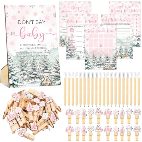 Image of Patelai 321 Pink Baby It's Cold Outside Baby Shower Decorations Games for Girl Wonderland Games Wooden Don't Say Sign Pink Wonderland Gender Reveal Birthday Party Decorations Supplies