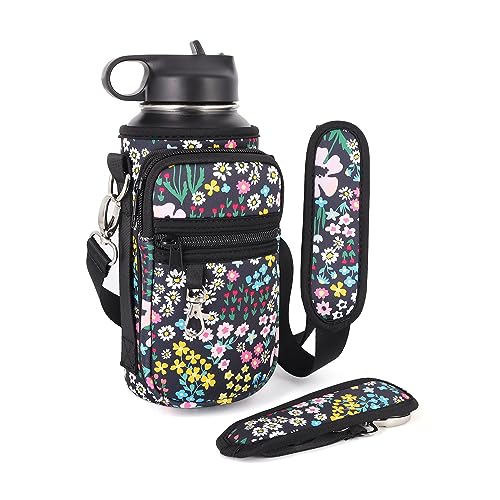 AJLTPA Water Bottle Holder with Adjustable Padded Shoulder Strap and 2 Pockets, Water Bottle Sleeve Carrier For 26 oz - 32oz Bottle & Flask(Daisy)