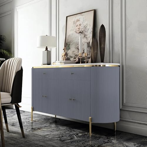 Image of Modern Console Table, 55 x 15 x 30 inch, White Ribbed Design, Marble Top, Gold Accents, 4-Door Storage Cabinet, Waterproof Plywood, PVD-Coated Legs, Elegant Entryway (Grey)