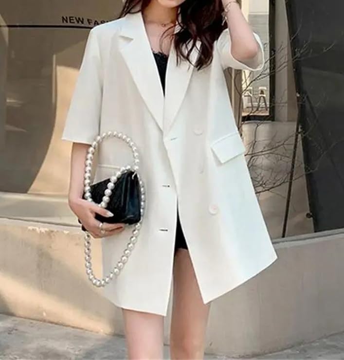 Women Oversized Mid-Length Short Sleeve Blazer Loose Thin Casual Design Suit Coat2